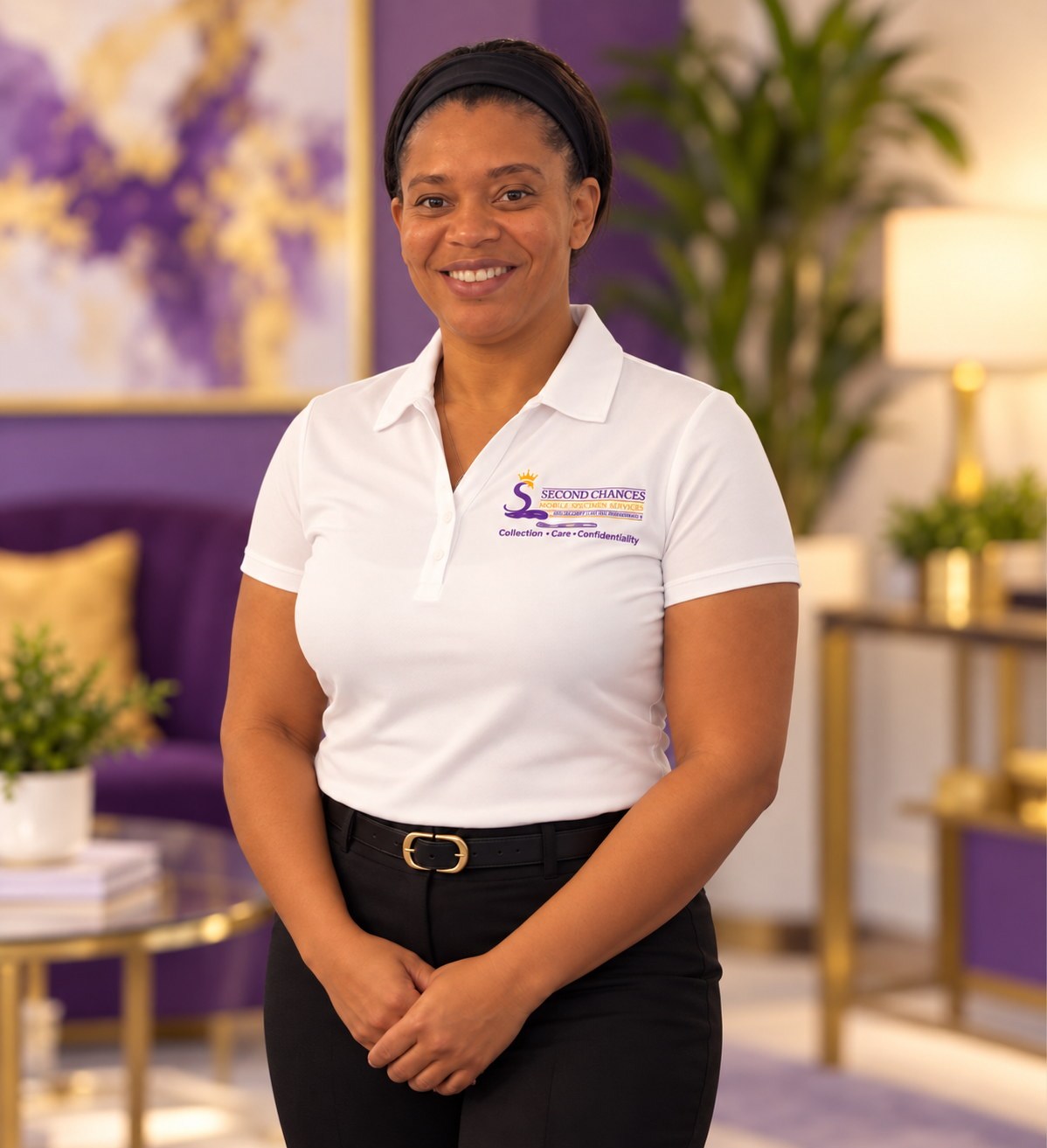 Charmaine Mack wearing a Second Chances Mobile Specimen Services branded polo